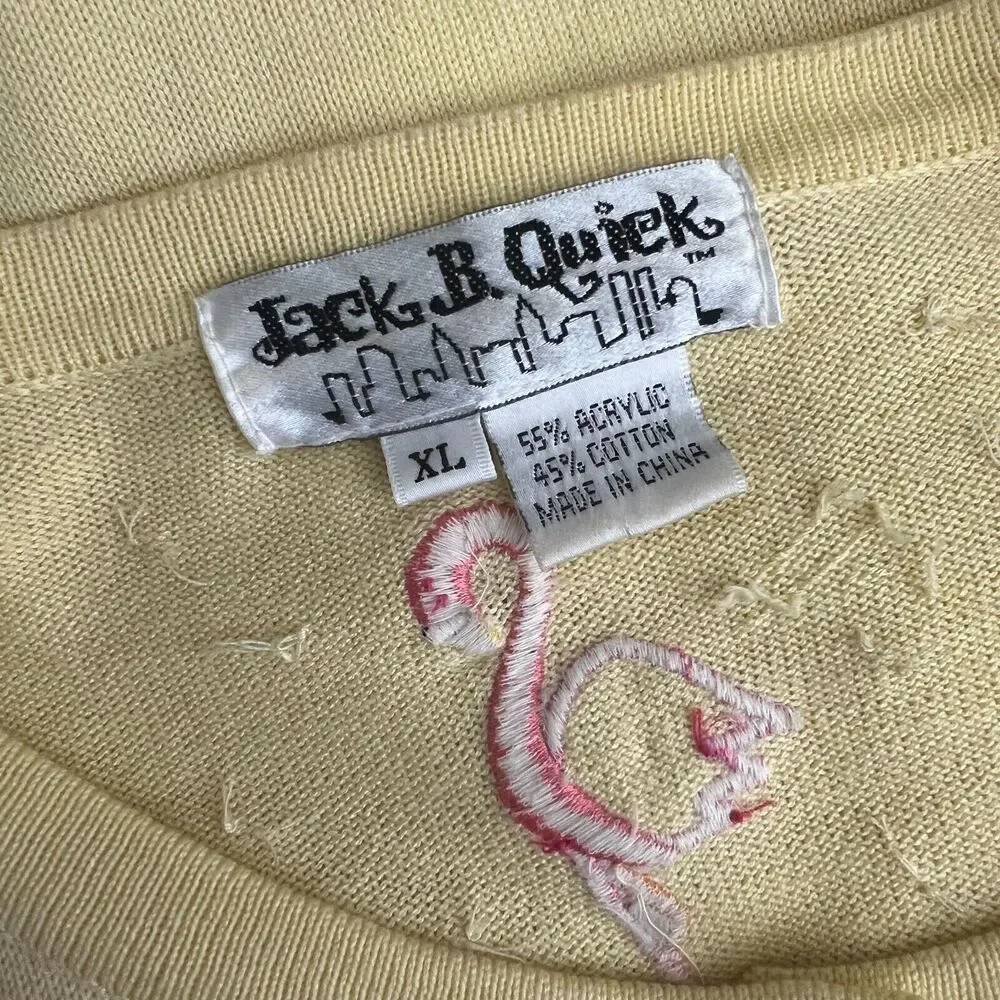 Vintage Jack B Quick Cardigan Womens XL Yellow Beaded Flamingo Sweater Vacation